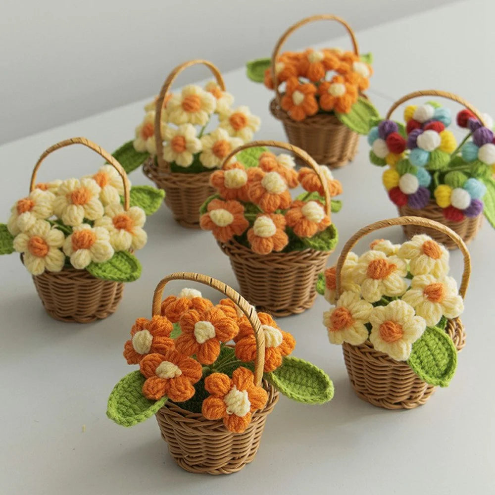 Handmade Crochet Flower Basket Knitted Flower Ornaments Artificial Plant Puff Flower Pot Desktop Decoration - Pink - 5