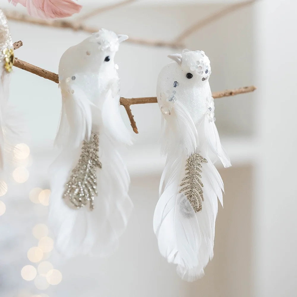 1 Pair Glitter Feathered Bird Ornaments Realistic Foam Bird Christmas Tree Decorations Holiday Decor - Pink - 5