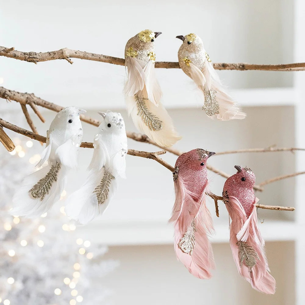 1 Pair Glitter Feathered Bird Ornaments Realistic Foam Bird Christmas Tree Decorations Holiday Decor - Pink - 6
