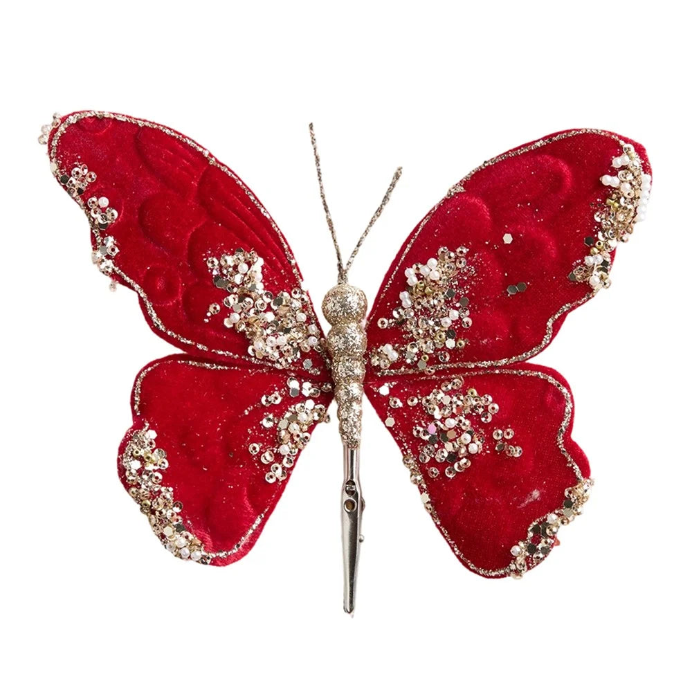 Christmas Velvet Butterfly Clip Ornament for Christmas Tree Wreath Gift Packaging - Red - 1