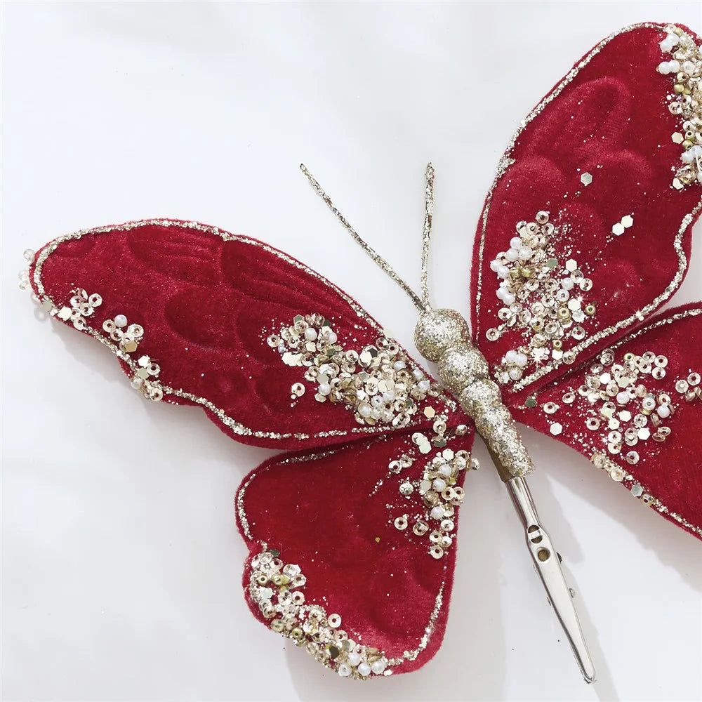 Christmas Velvet Butterfly Clip Ornament for Christmas Tree Wreath Gift Packaging - Red - 2