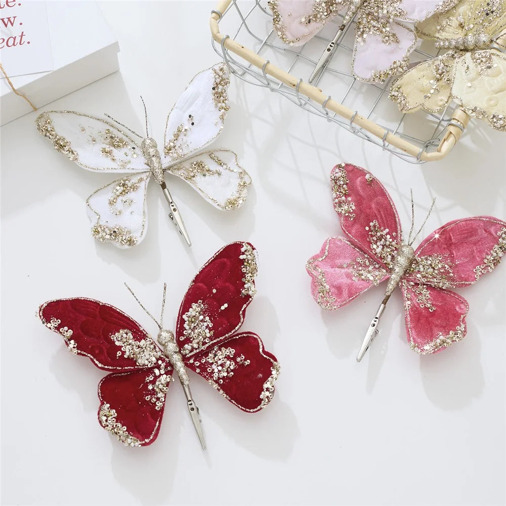 Christmas Velvet Butterfly Clip Ornament for Christmas Tree Wreath Gift Packaging - Red - 5