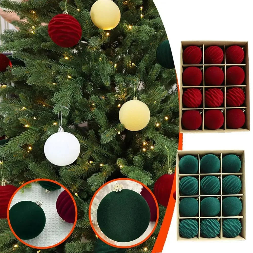 12Pcs Set 6cm Christmas Ball Ornaments Velvet Xmas Tree Decorations Plush Balls - Red - 7