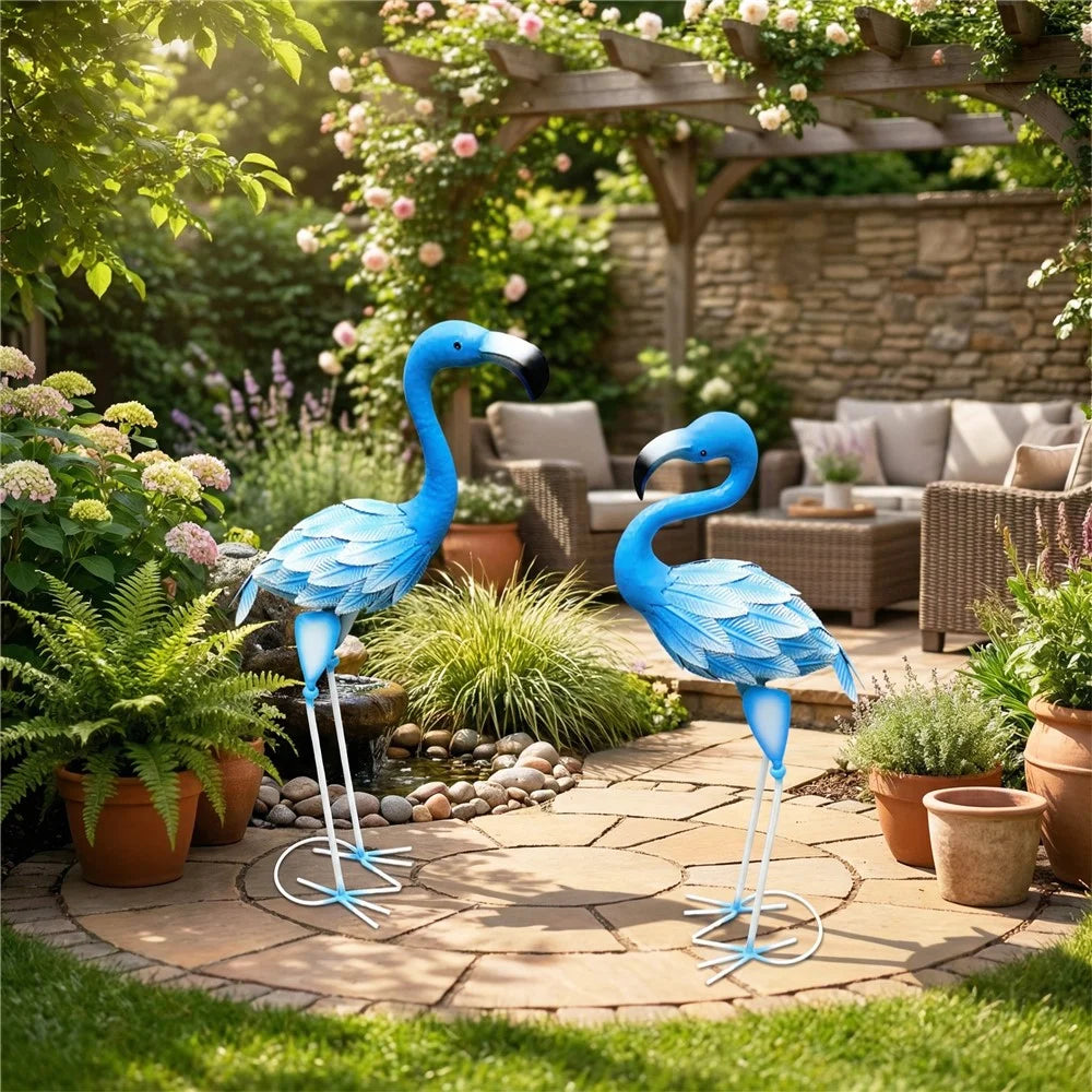 Metal Flamingo Statue Garden Bird Sculpture Lawn Decoration Ornament for Outdoor Yard - Blue / Head Down - 2