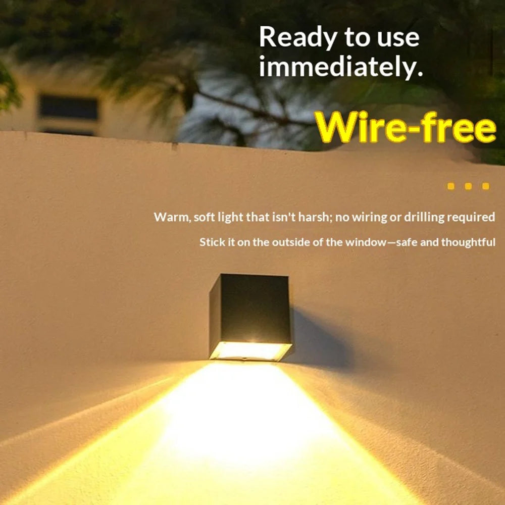 Solar Powered Square Wall Light Outdoor Garden Fence IP55 Waterproof Decoration Warm Light for Yard - Warm White Light - 6