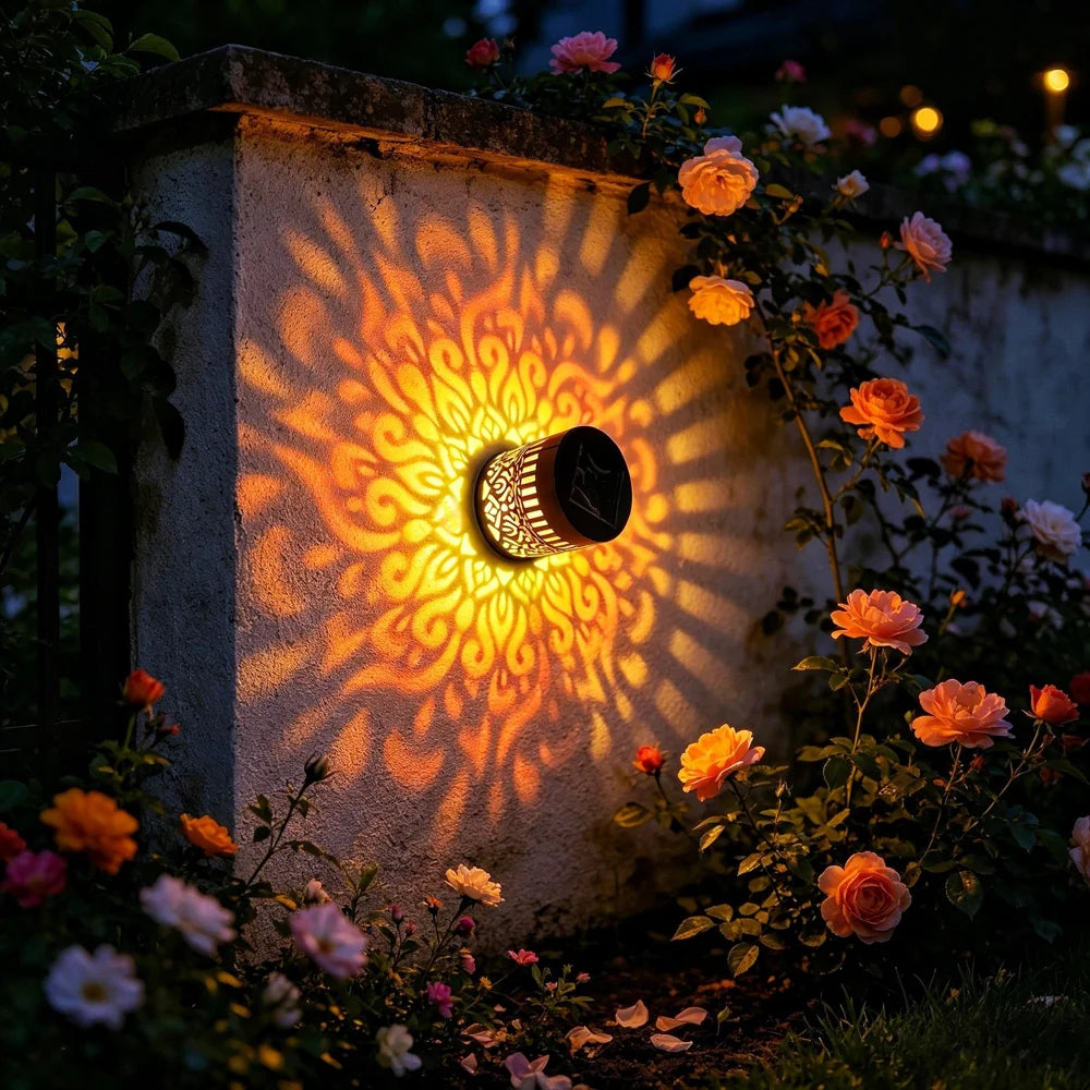 Solar Mandala Wall Light Iron Art Projection Waterproof Outdoor Garden Landscape Decor - Warm Light - 2