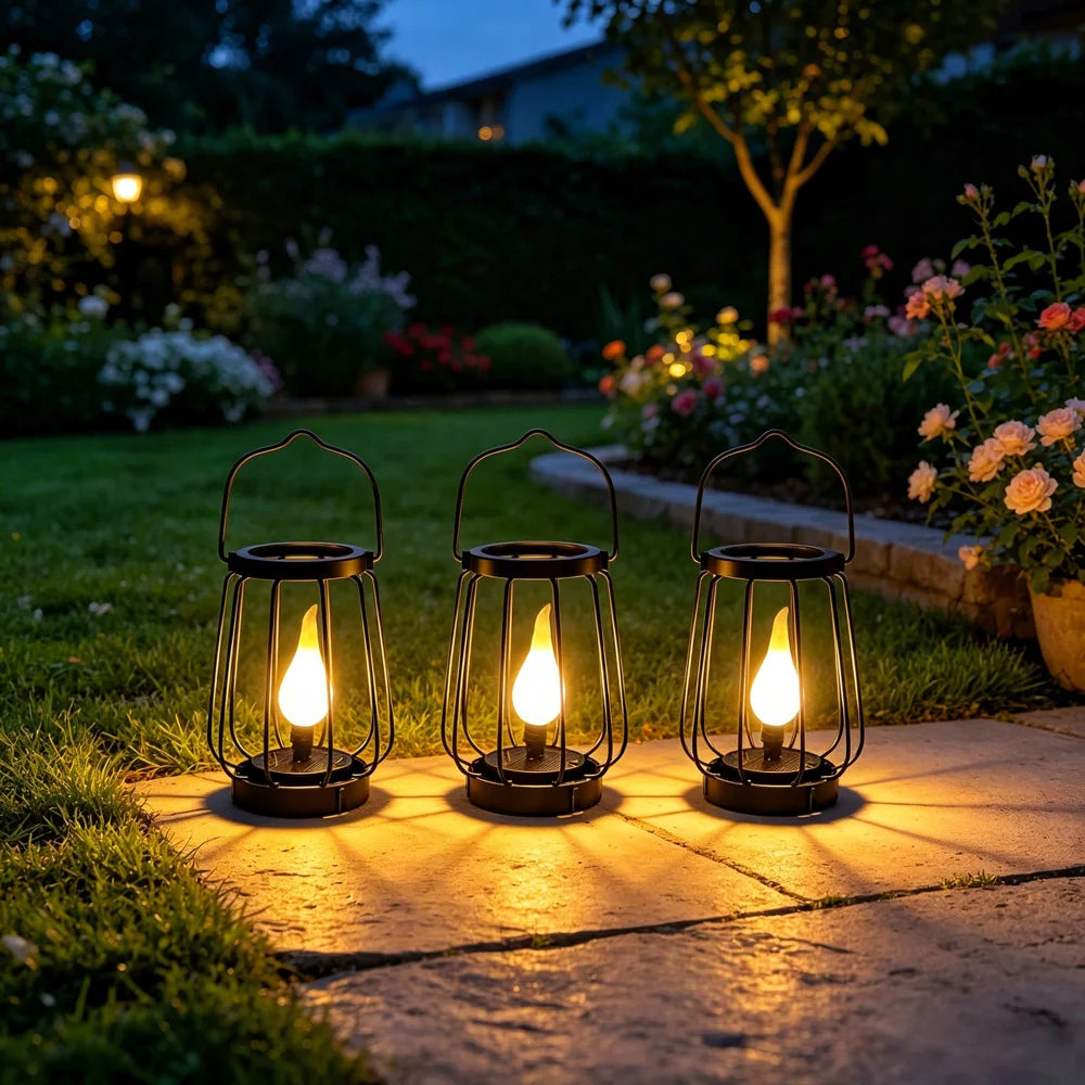 Solar LED Flame Light IP65 Waterproof Metal Hanging Lantern for Outdoor Garden Patio Landscape Decoration - 2