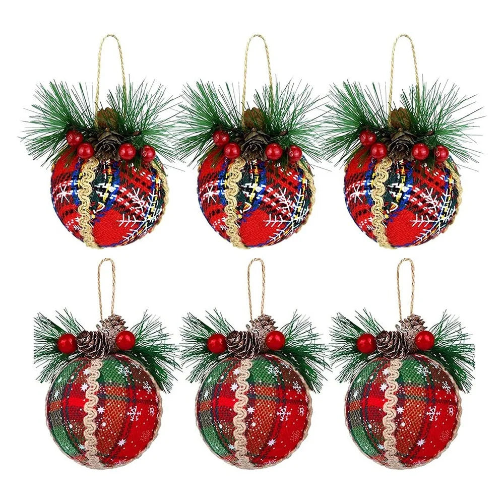 MH889 6PCS Christmas Ornament Plaid Ball Cloth Wrapped Xmas Tree Hanging Decor Holiday Party Decoration - 1