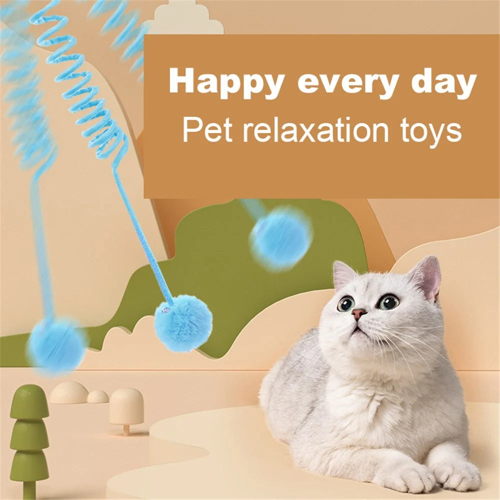 TG-CTOY0086 Cat Spring Toy Hanging Stretchable Spring with Pompom Bell Soft Plush Pet Interactive Toy Gift ST - Yellow - 3