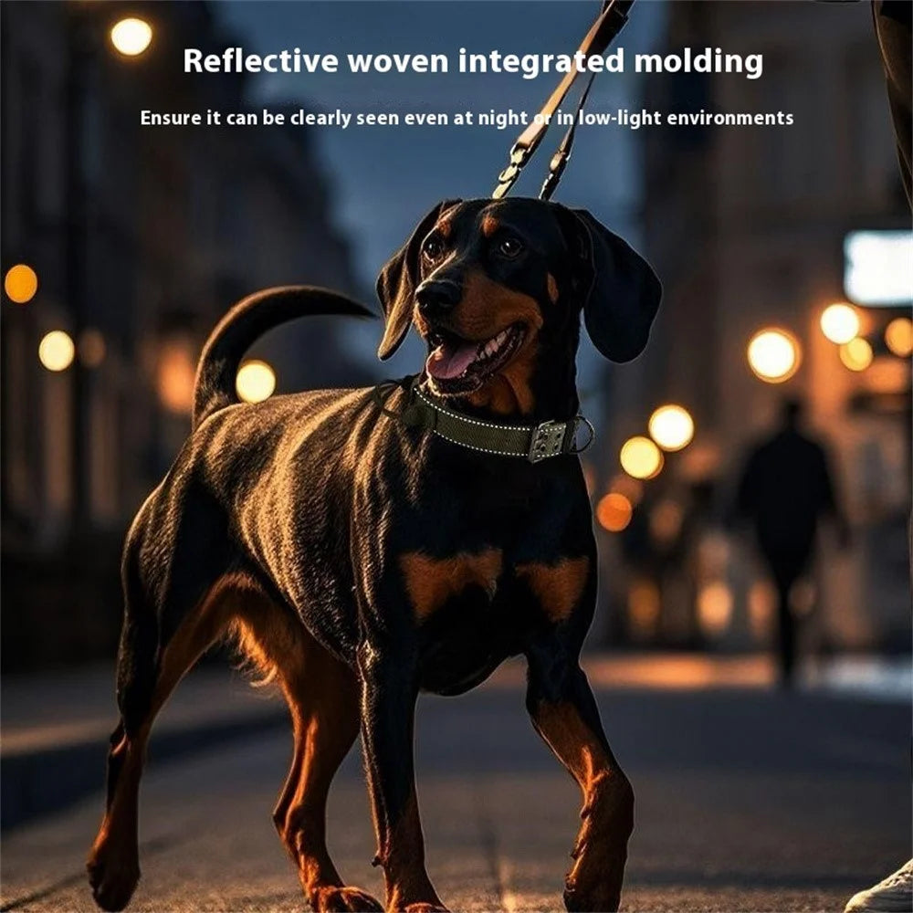 Size M Tactical Reflective Dog Collar Nylon Adjustable Outdoor Walking Training Collar Gift with Grip Handle - Army Green - 2
