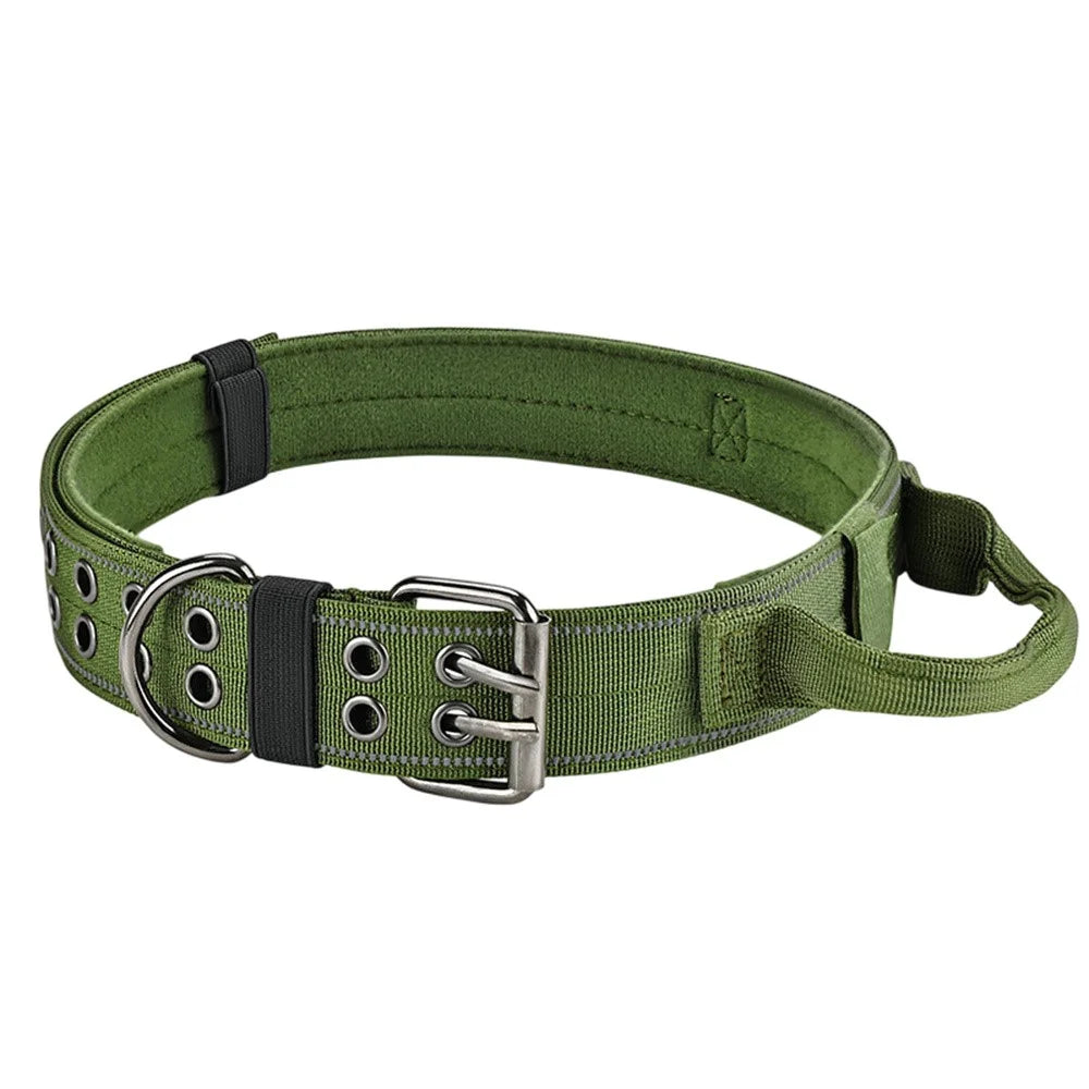 Size XL Tactical Reflective Dog Collar Nylon Adjustable Outdoor Walking Training Collar Gift with Grip Handle - Army Green - 1