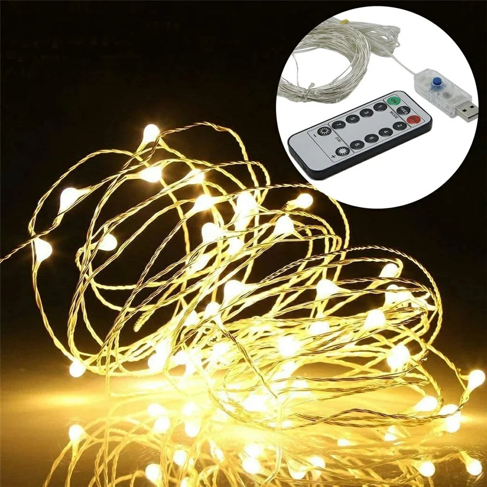 20m 200-LED USB Powered Copper Wire String Lights Remote Control 8 Modes Timer Fairy Lamp for Christmas Party Home Decoration - Warm White - 1