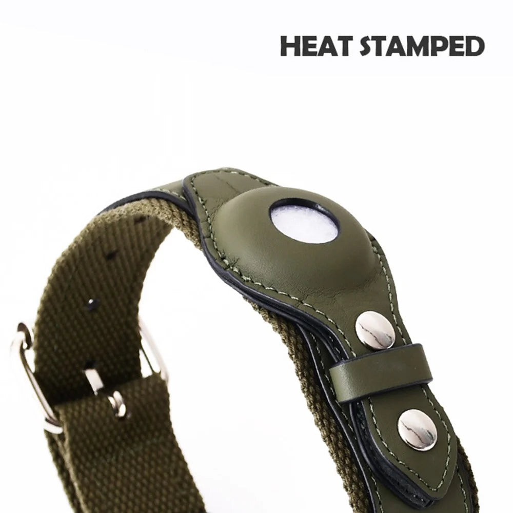 PU Leather+Canvas Anti-Lost Locator Pet Dog Collar for Apple AirTag Tracker Adjustable Pet Collar ST, Size S - Blackish Green - 2