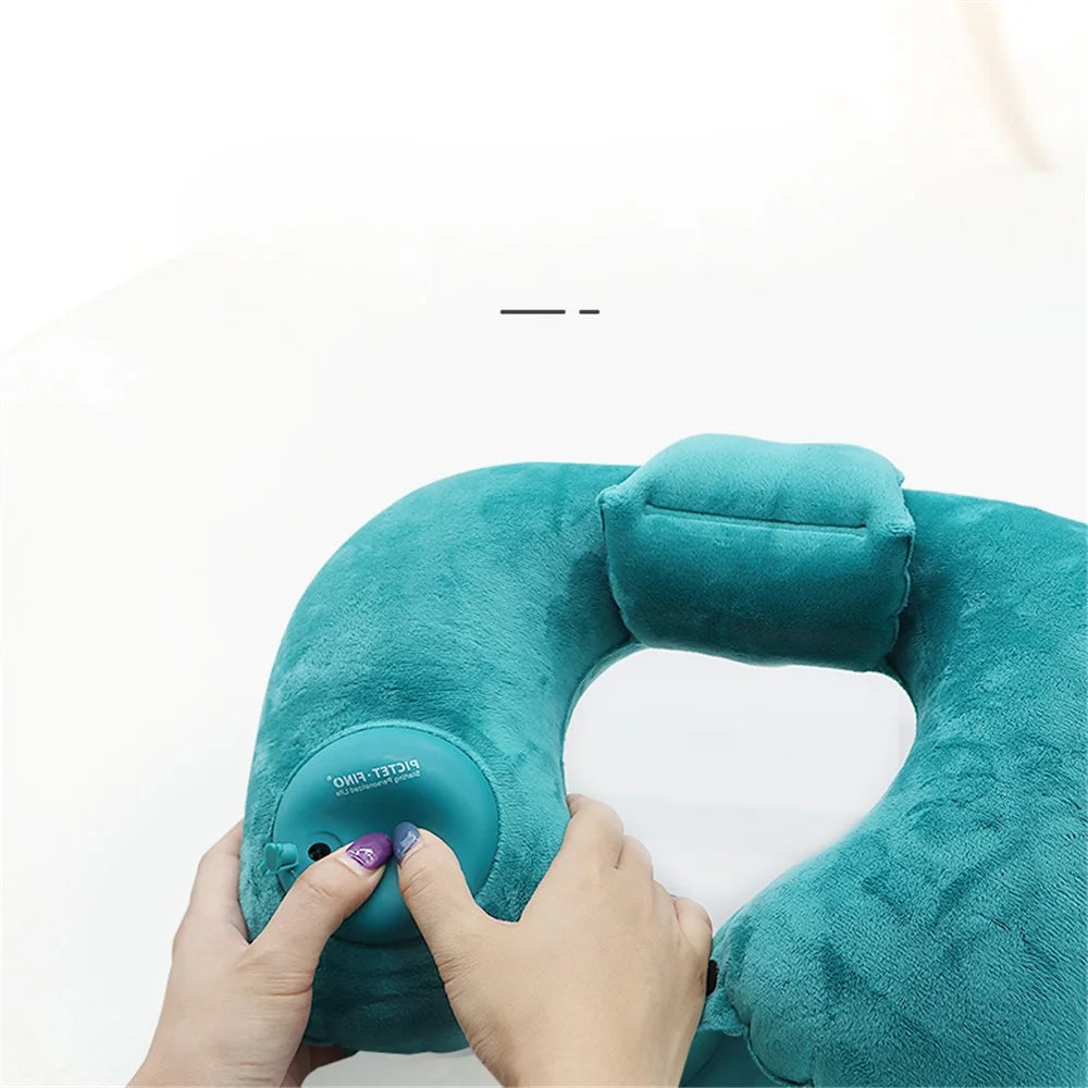 PICTET.FINO RH80 U-Shape Portable Press Inflatable Pillow Camping Travel Nap Neck Cushion with Storage Bag - Blue - 2