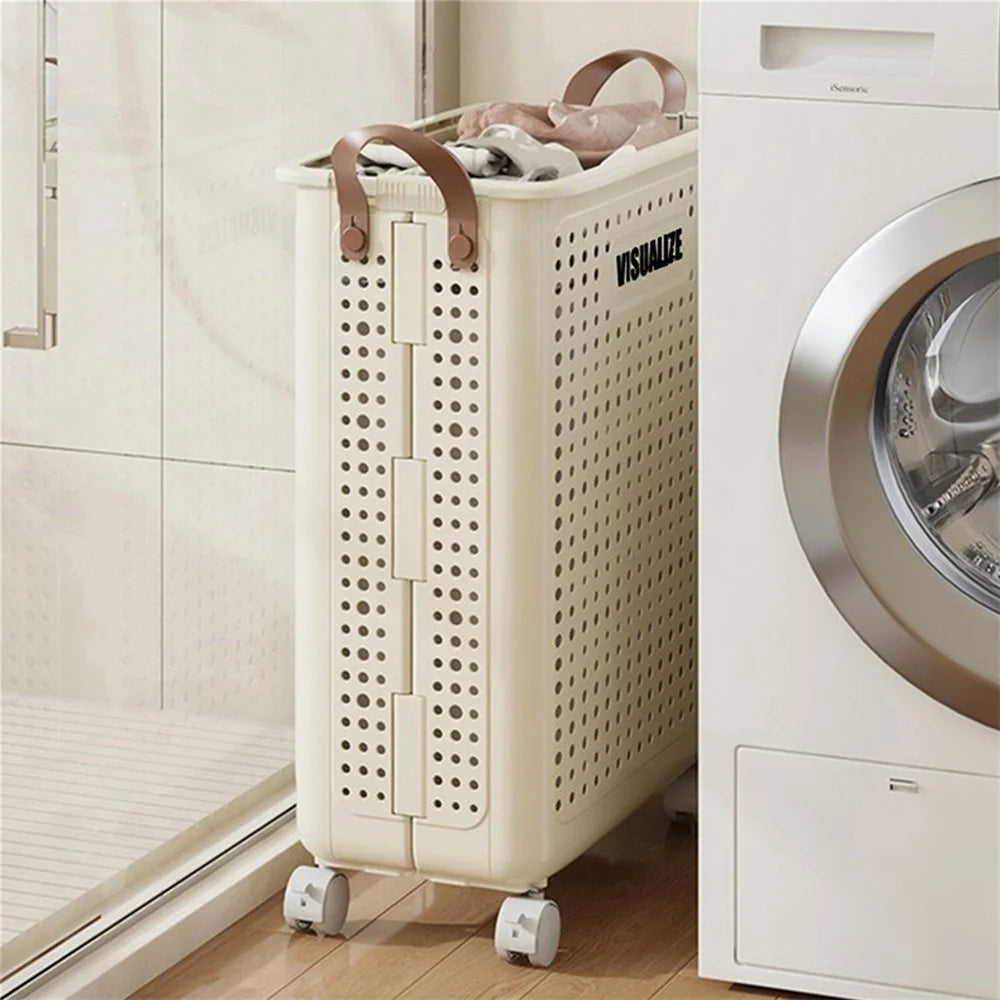 VISUALIZE Hollow Design Foldable Laundry Basket Dirty Clothes Storage Cart with Handles and Wheels, Size M - Cream White - 2