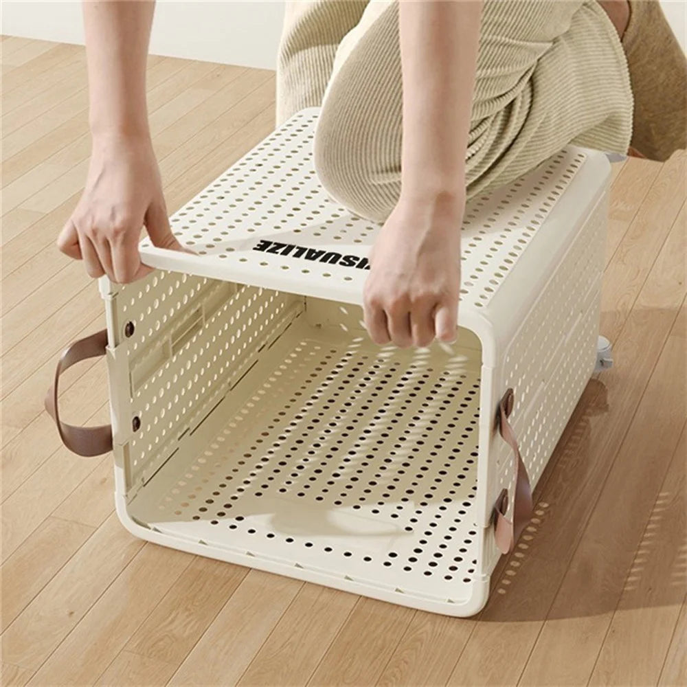 VISUALIZE Hollow Design Foldable Laundry Basket Dirty Clothes Storage Cart with Handles and Wheels, Size M - Cream White - 3