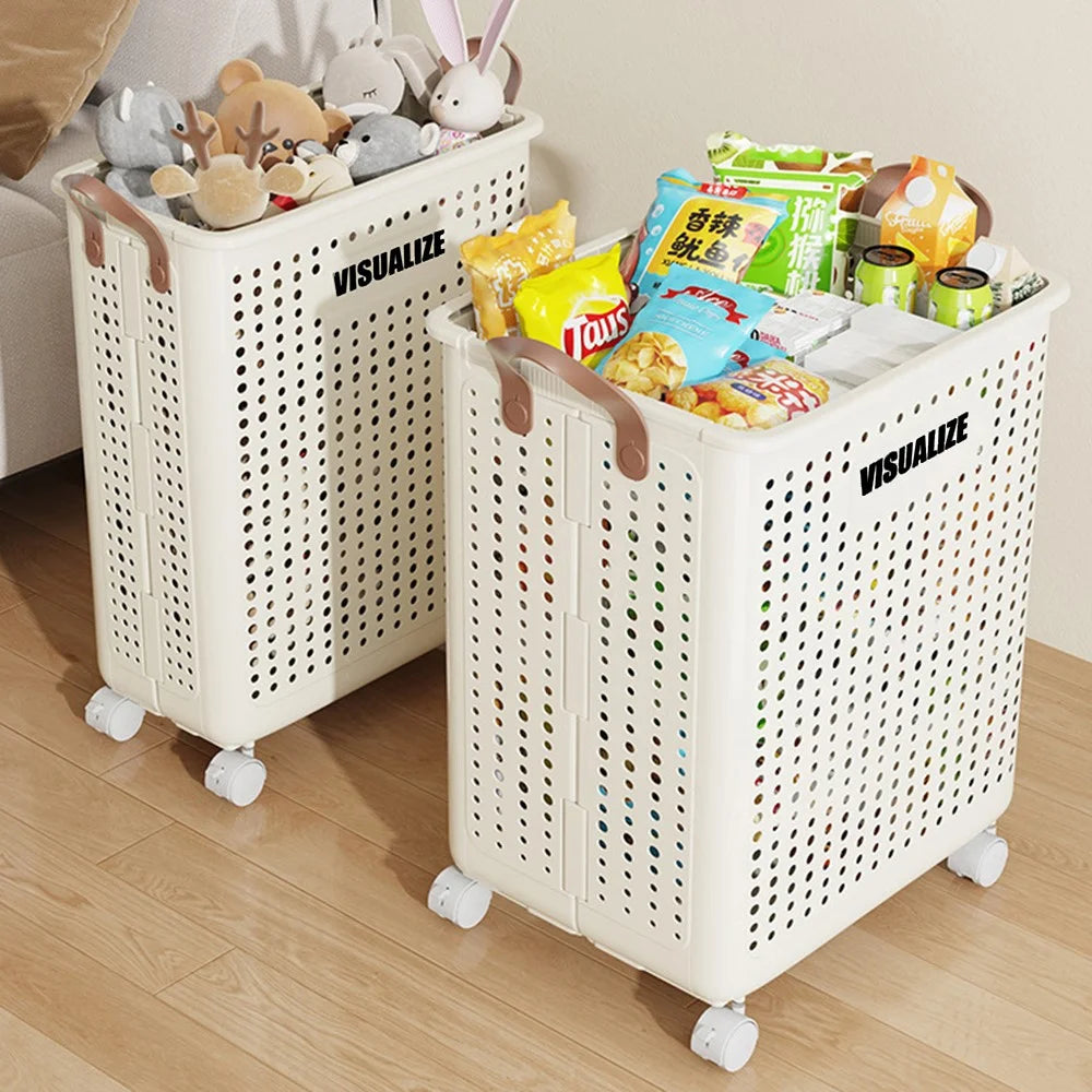 VISUALIZE Hollow Design Foldable Laundry Basket Dirty Clothes Storage Cart with Handles and Wheels, Size M - Cream White - 6
