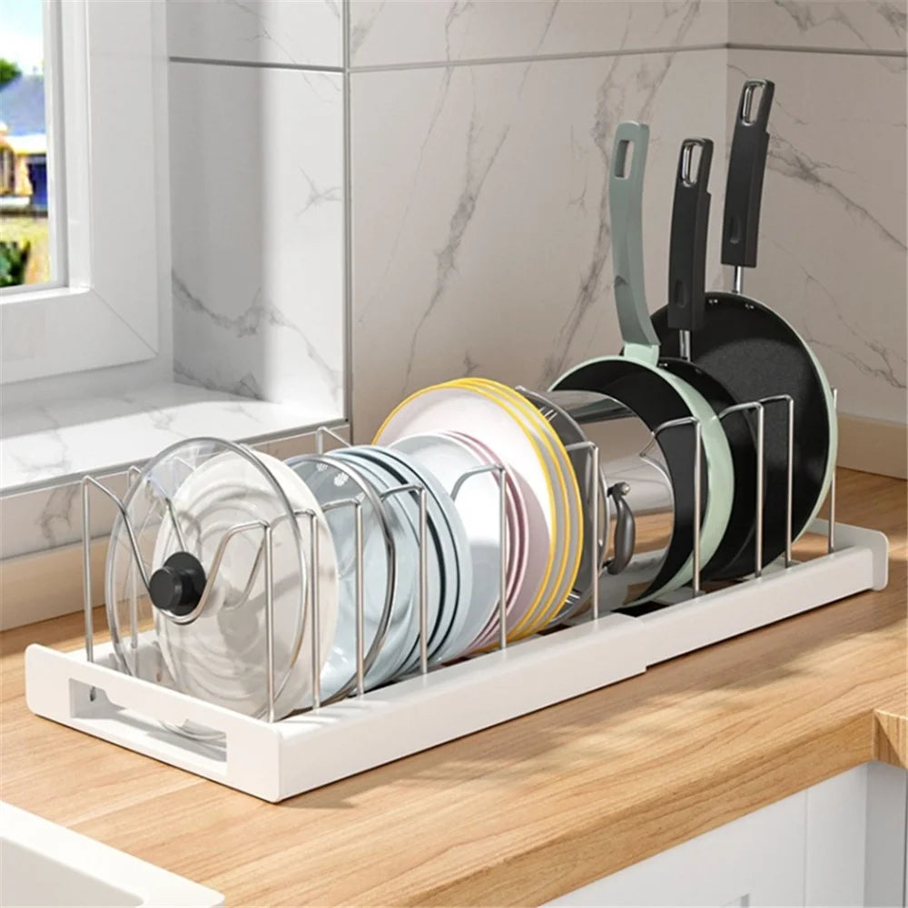 Retractable Adjustable Kitchen Storage Rack Pot Lid Dish Pan Storage Stand - White - 2
