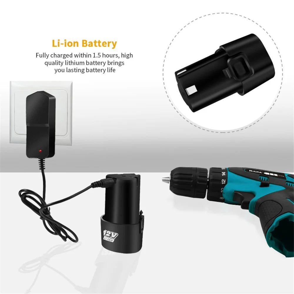 HILDA Cordless Electric Drill Screwdriver Rechargeable 12V Mini Drill Electric Screwdriver Tool, EU Plug - Blue - 4