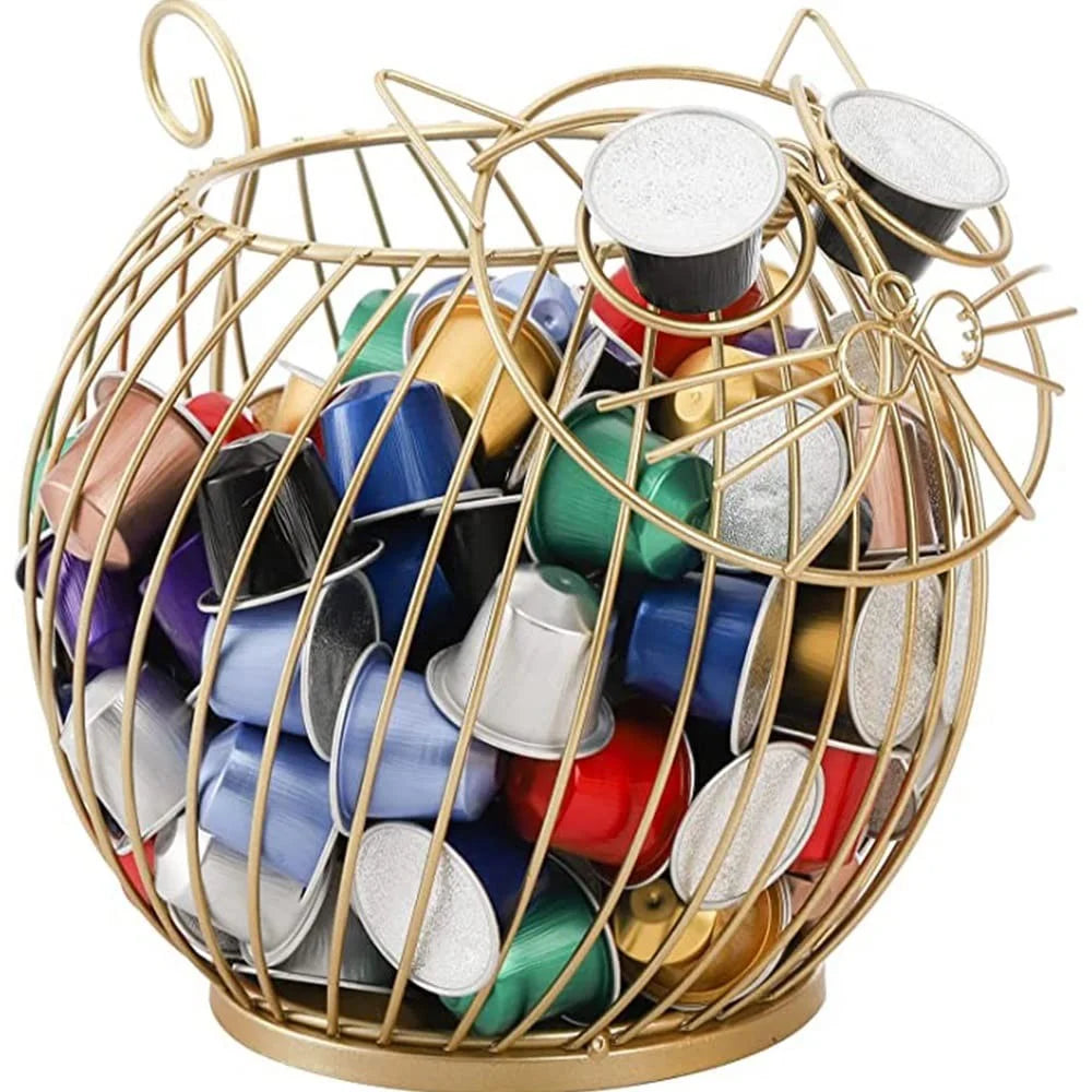 Cartoon Cat Coffee Capsule Holder Hollow Iron Rack Snacks Candy Metal Storage Basket, Size L / Gold - 3