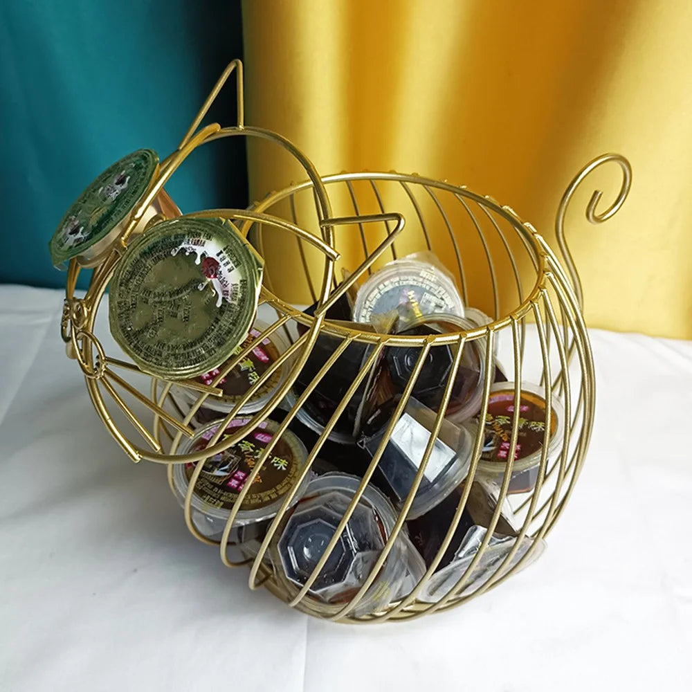 Cartoon Cat Coffee Capsule Holder Hollow Iron Rack Snacks Candy Metal Storage Basket, Size L / Gold - 5