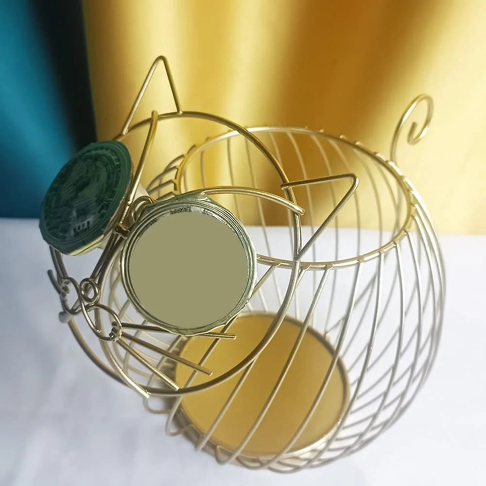 Cartoon Cat Coffee Capsule Holder Hollow Iron Rack Snacks Candy Metal Storage Basket, Size L / Gold - 7