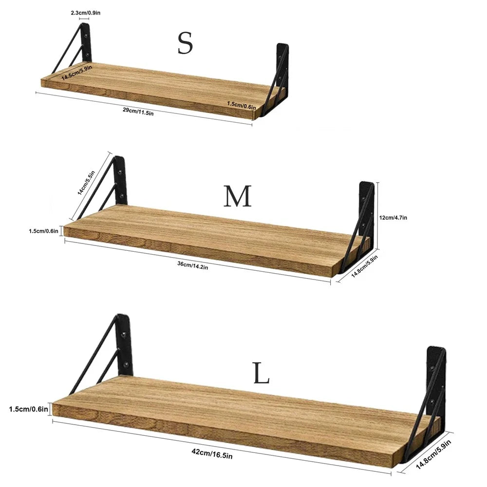 3Pcs / Set Storage Shelf Wood Board Iron Bracket Wall Mounted Home Organizer Shelves - Wood Color - 7