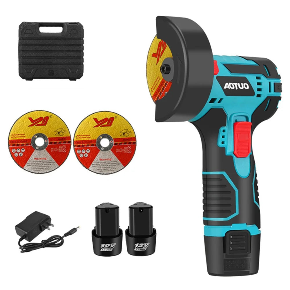 AOTUO Rechargeable 3-inch Angle Grinder Handheld Polisher with 2 Batteries and 2 Cutting Blades, EU Plug - 1