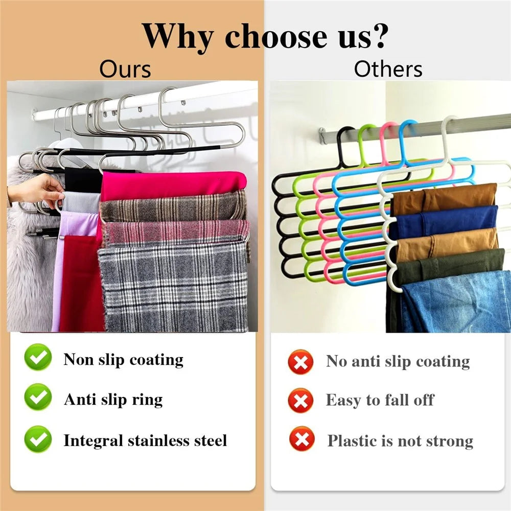 5 Layer S Shaped Pants Hanger Stainless Steel Non-Slip Multifunction Trousers Ties Wardrobe Organizer - 5