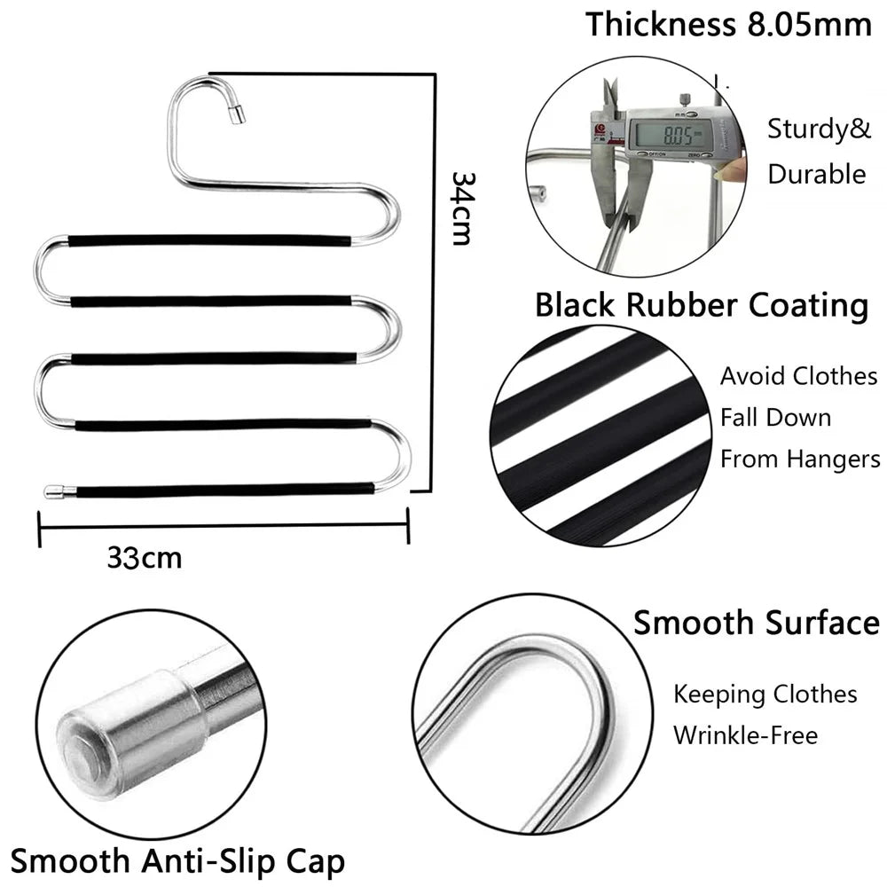 5 Layer S Shaped Pants Hanger Stainless Steel Non-Slip Multifunction Trousers Ties Wardrobe Organizer - 6