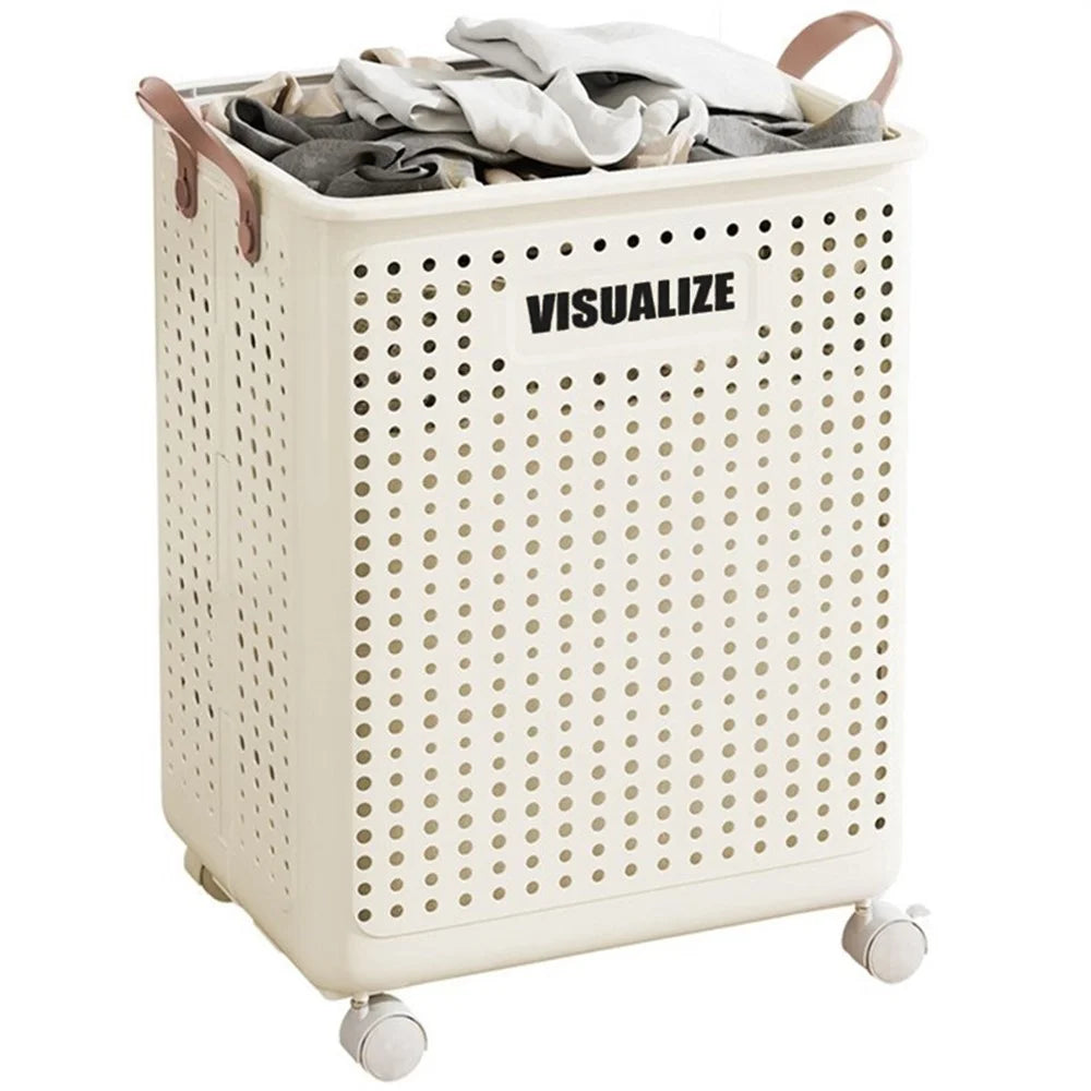 VISUALIZE Hollow Design Foldable Laundry Basket Dirty Clothes Storage Cart with Handles and Wheels Size XL - Cream White - 1