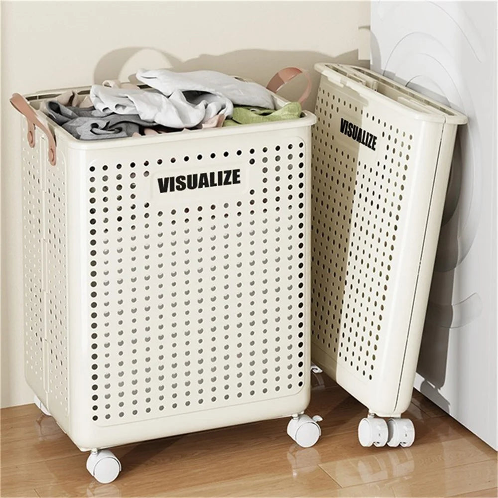 VISUALIZE Hollow Design Foldable Laundry Basket Dirty Clothes Storage Cart with Handles and Wheels Size XL - Cream White - 2