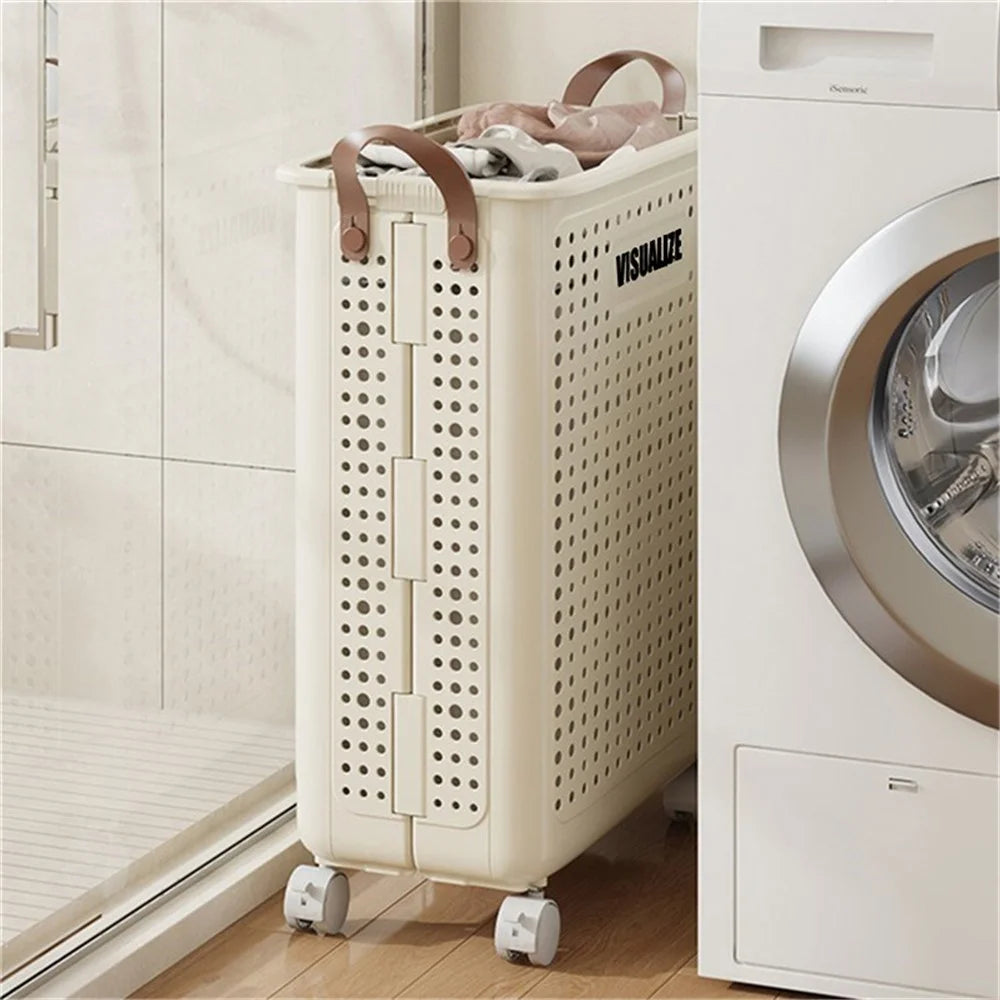 VISUALIZE Hollow Design Foldable Laundry Basket Dirty Clothes Storage Cart with Handles and Wheels Size XL - Cream White - 3