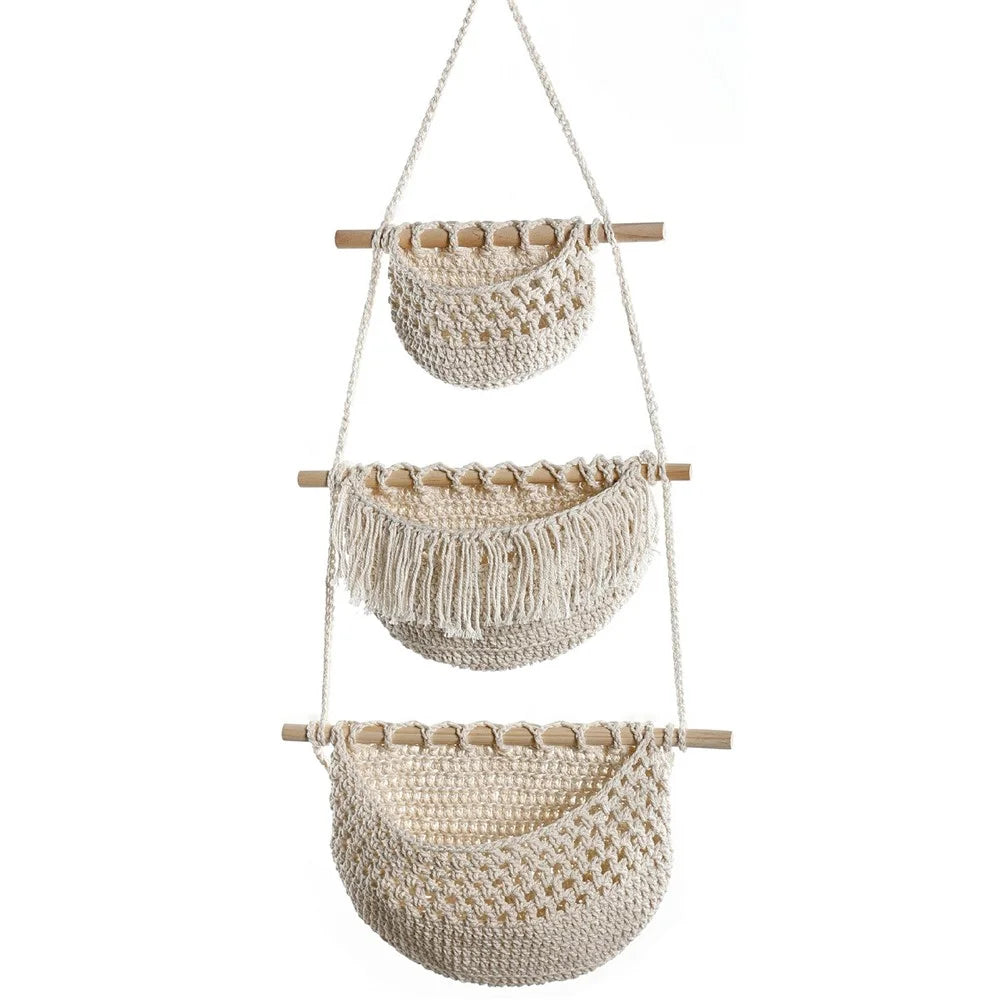 Bohemian 3 Tier Cotton Linen Storage Baskets Wall Hanging Sundries Organizer - 001 - 1