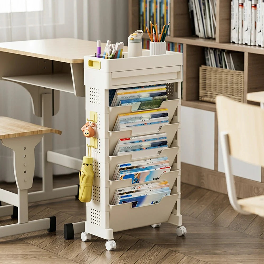 5-Tier Movable Classroom Desk Side Book Storage Rack PP Stationery Organizer with Drawer and Wheels - 2
