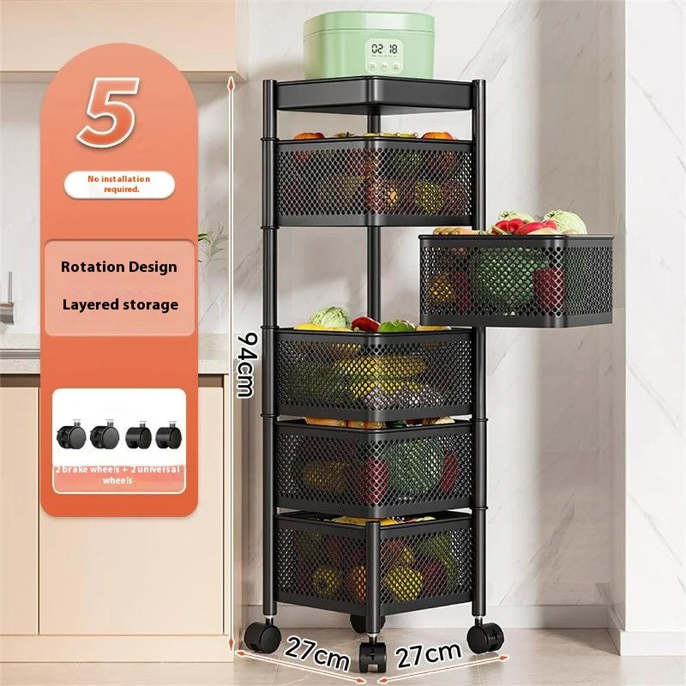 5-Tier Square Basket Kitchen Home Storage Cart Carbon Steel Rotating Shelves Fruits Vegetables Snacks Organizer - Black - 2
