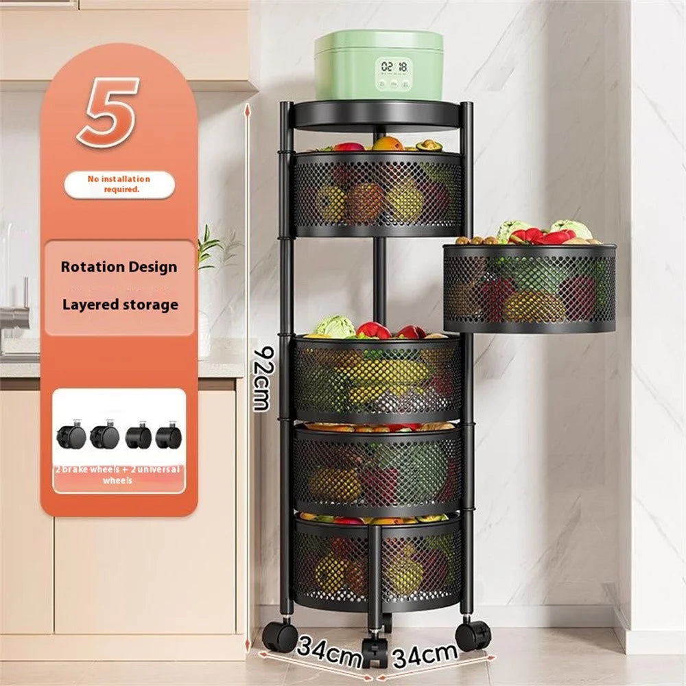 5-Tier Round Basket Kitchen Home Storage Cart Carbon Steel Rotating Shelves Fruits Vegetables Snacks Organizer - Black - 2