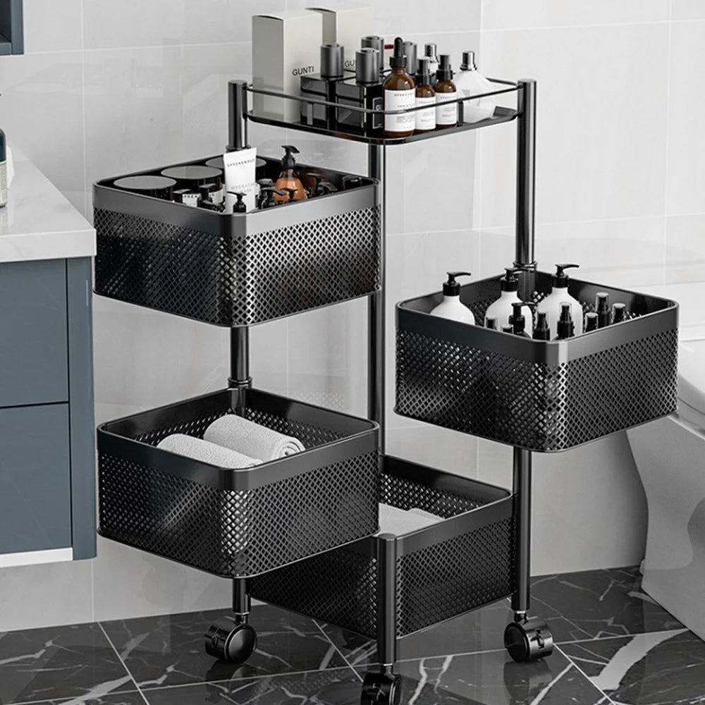 4-Tier Rotating Basket Home Storage Cart Carbon Steel Kitchen Fruits Vegetables Snacks Organizer - Black - 7