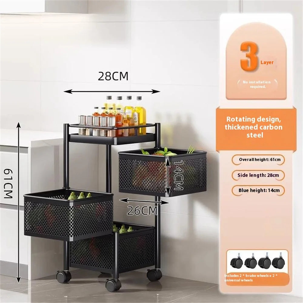 3-Tier Rotating Basket Home Storage Cart Carbon Steel Kitchen Fruits Vegetables Snacks Organizer - Black - 2