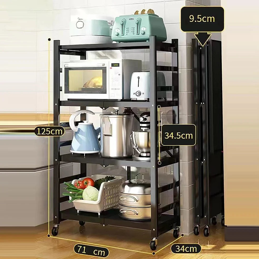 4 Tiers Foldable Kitchen Storage Rack Heavy Duty Carbon Steel Shelf for Microwave Oven with Wheels - Black - 2