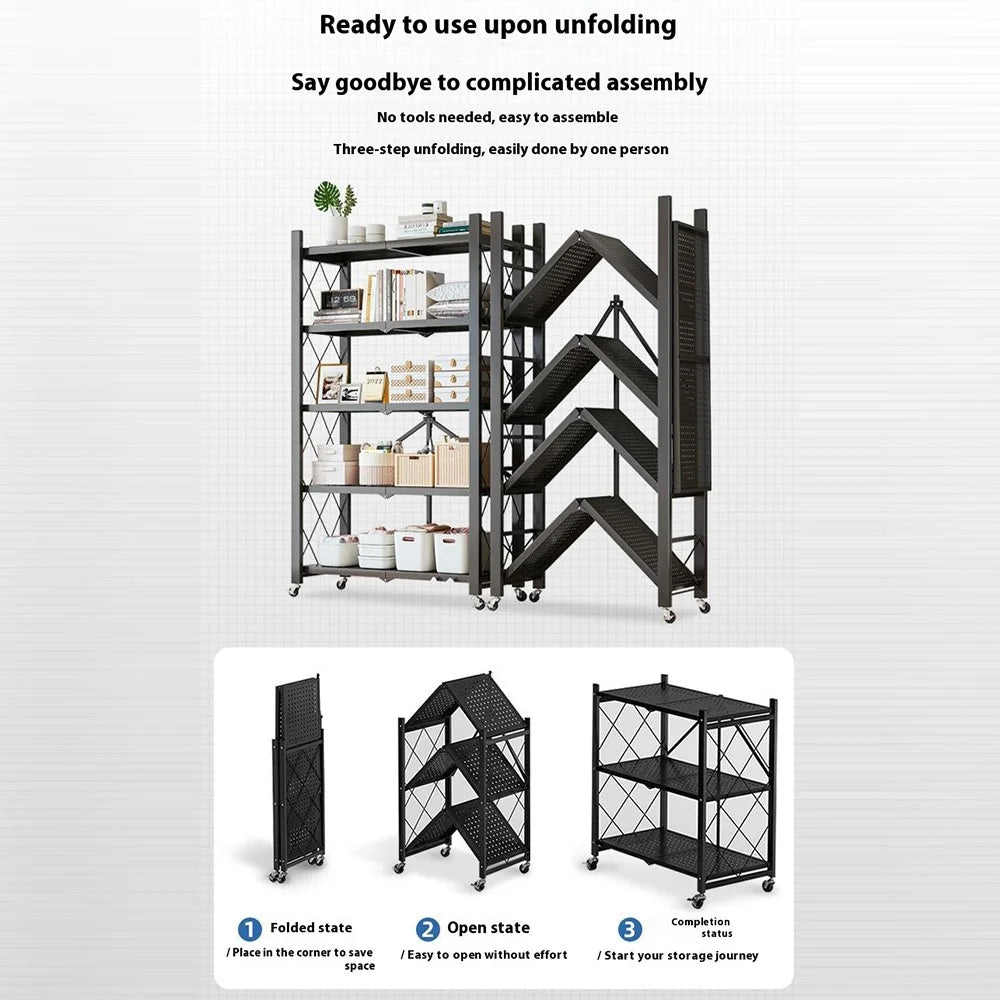 4 Tiers Foldable Carbon Steel Storage Rack for Kitchen Living Room Multipurpose Organizer Shelf with Wheels - Black - 3