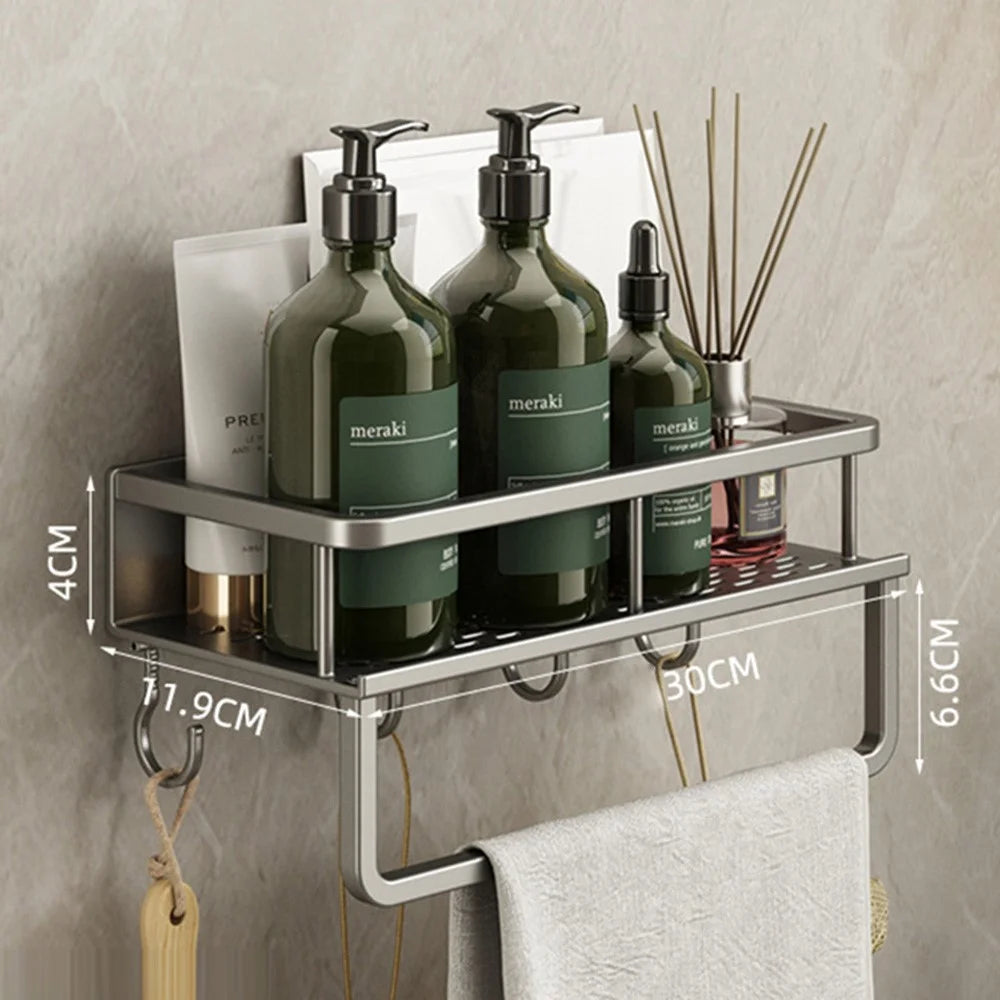30cm Bathroom Storage Rack with Hooks and Towel Bar Wall Mounted No Drill Ventilated Draining Organizer - 2