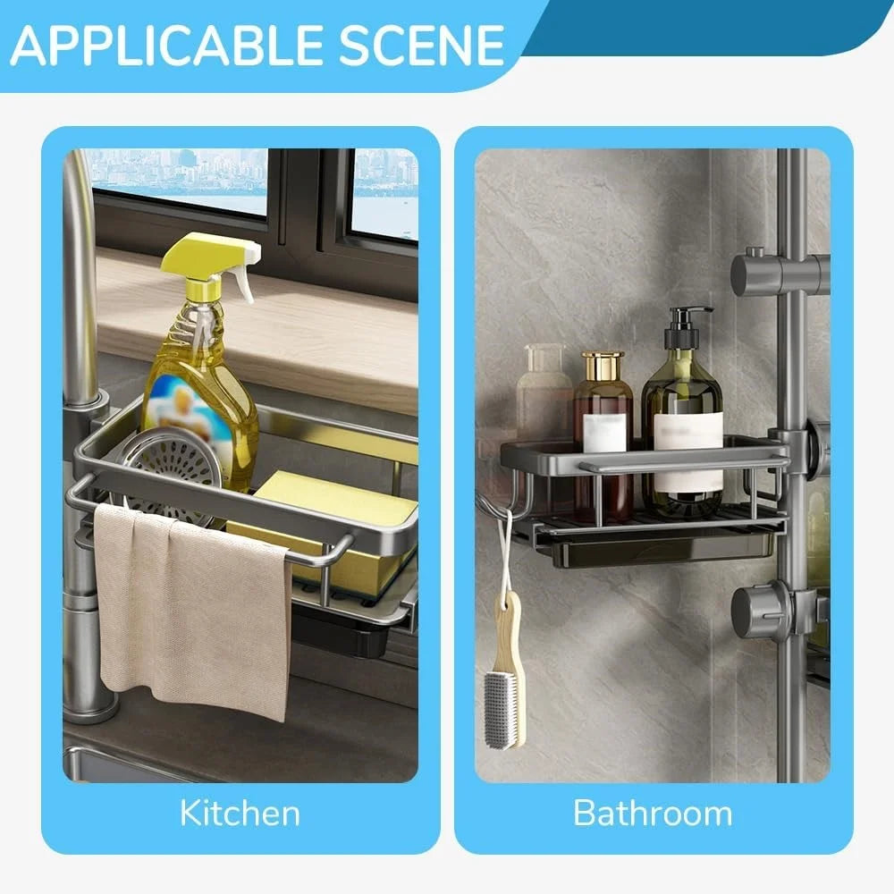 Space Aluminum Faucet Organizer For Kitchen Bathroom Storage Rack with Draining Tray Hanging Basket - Black  /  Right - 7