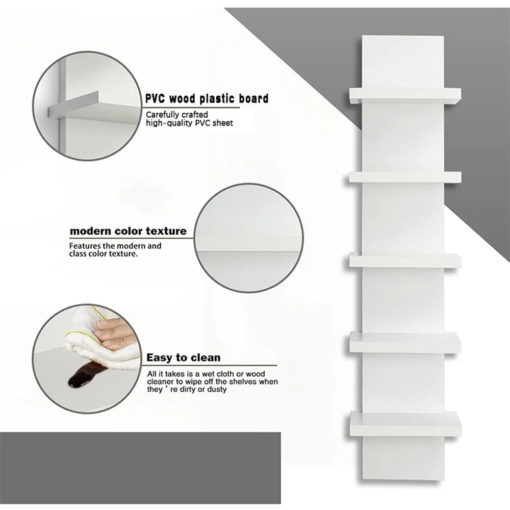Wall Mounted Multi-Layer Shelf No Drilling 5 Tier Storage Rack Floating Display Organizer for Living Room Bedroom - White - 5
