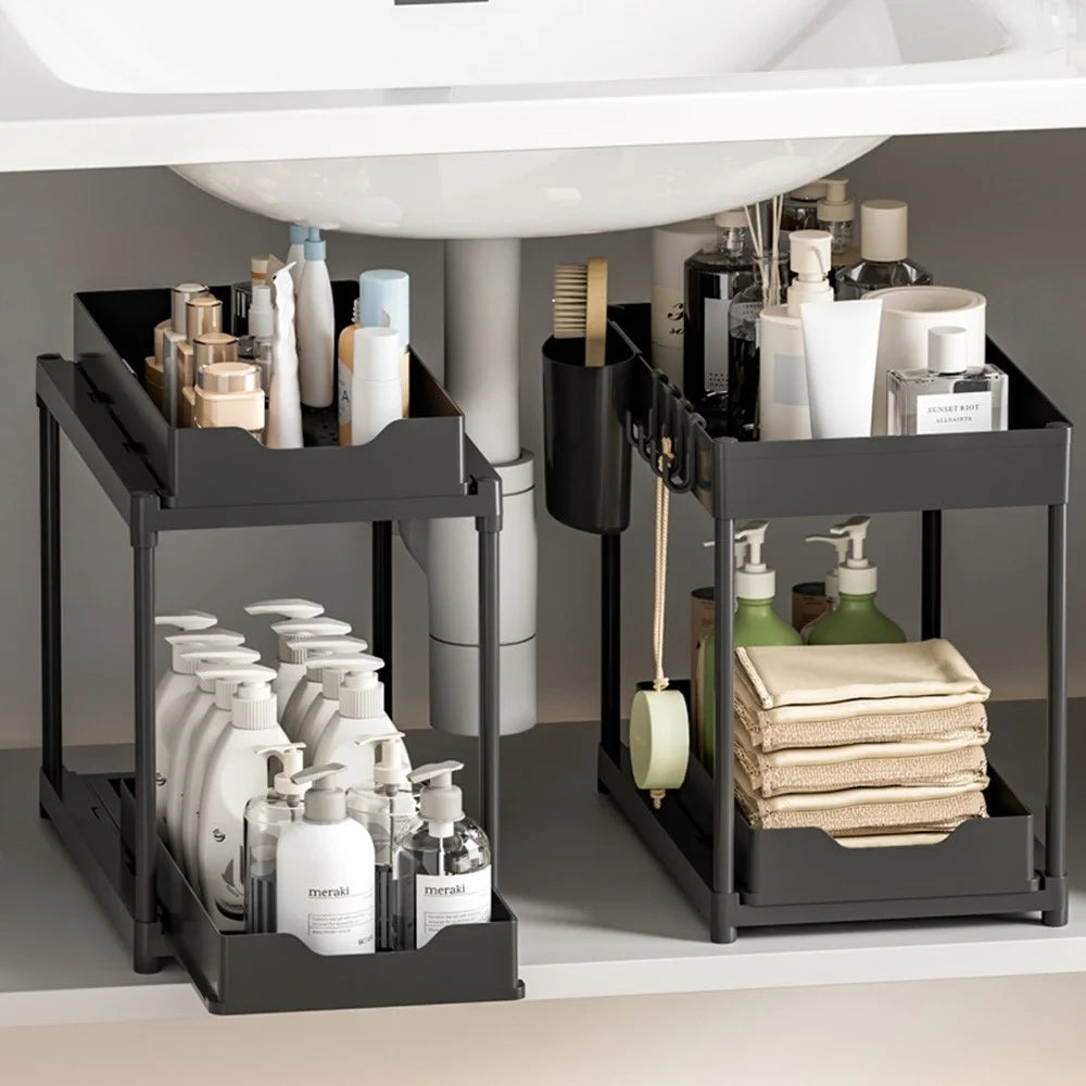 Under Sink Organizer with Hooks 2-Tier Pull-Out Kitchen Storage Rack Drainer Shelf - Black - 3