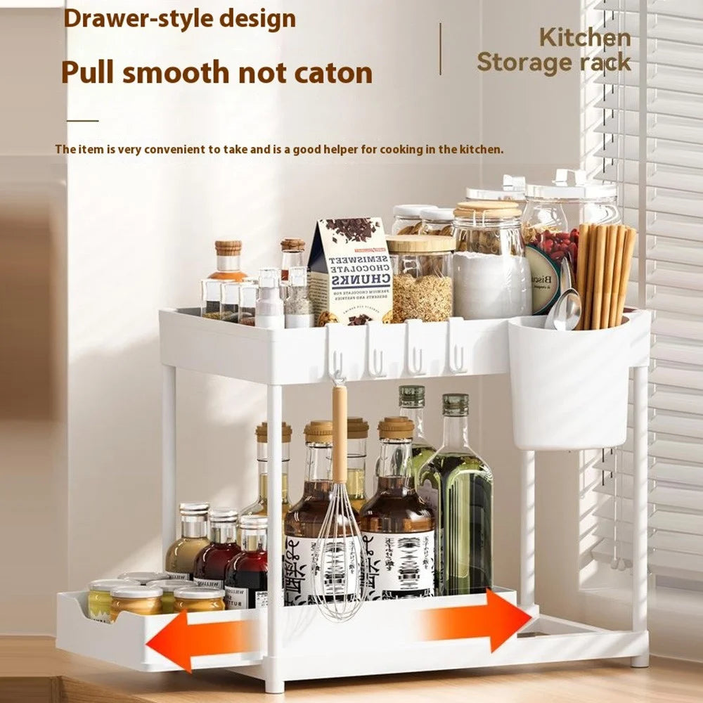 Under Sink Organizer with Hooks 2-Tier Pull-Out Kitchen Storage Rack Drainer Shelf - Black - 4