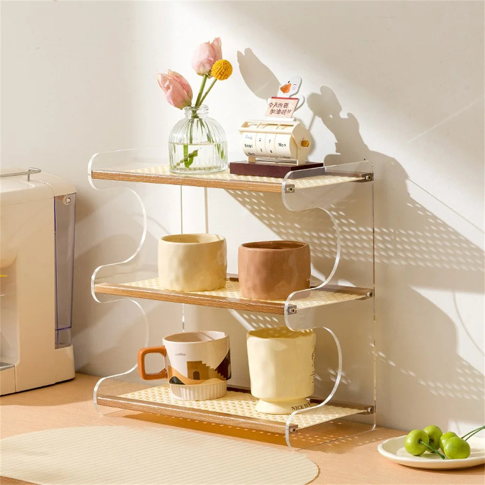 Bamboo Wood Acrylic 3 Tier Cup Holder Stand For Desk Table Coffee Mug Organizer 33cm Storage Rack - Brown - 1