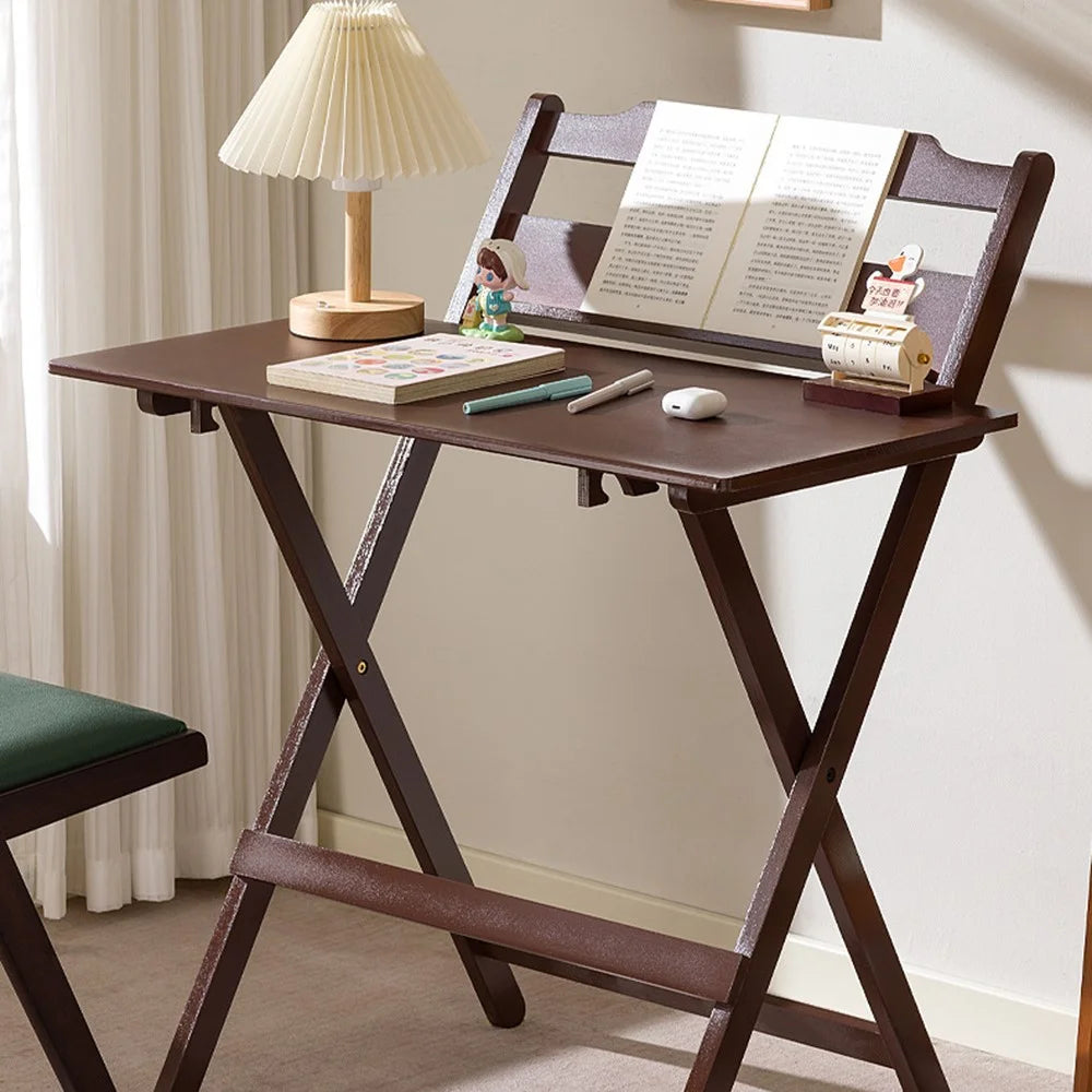 No Assembly Folding Desk Home Office Compact Writing Table Sturdy Desk with Shelf - Walnut Color - 3