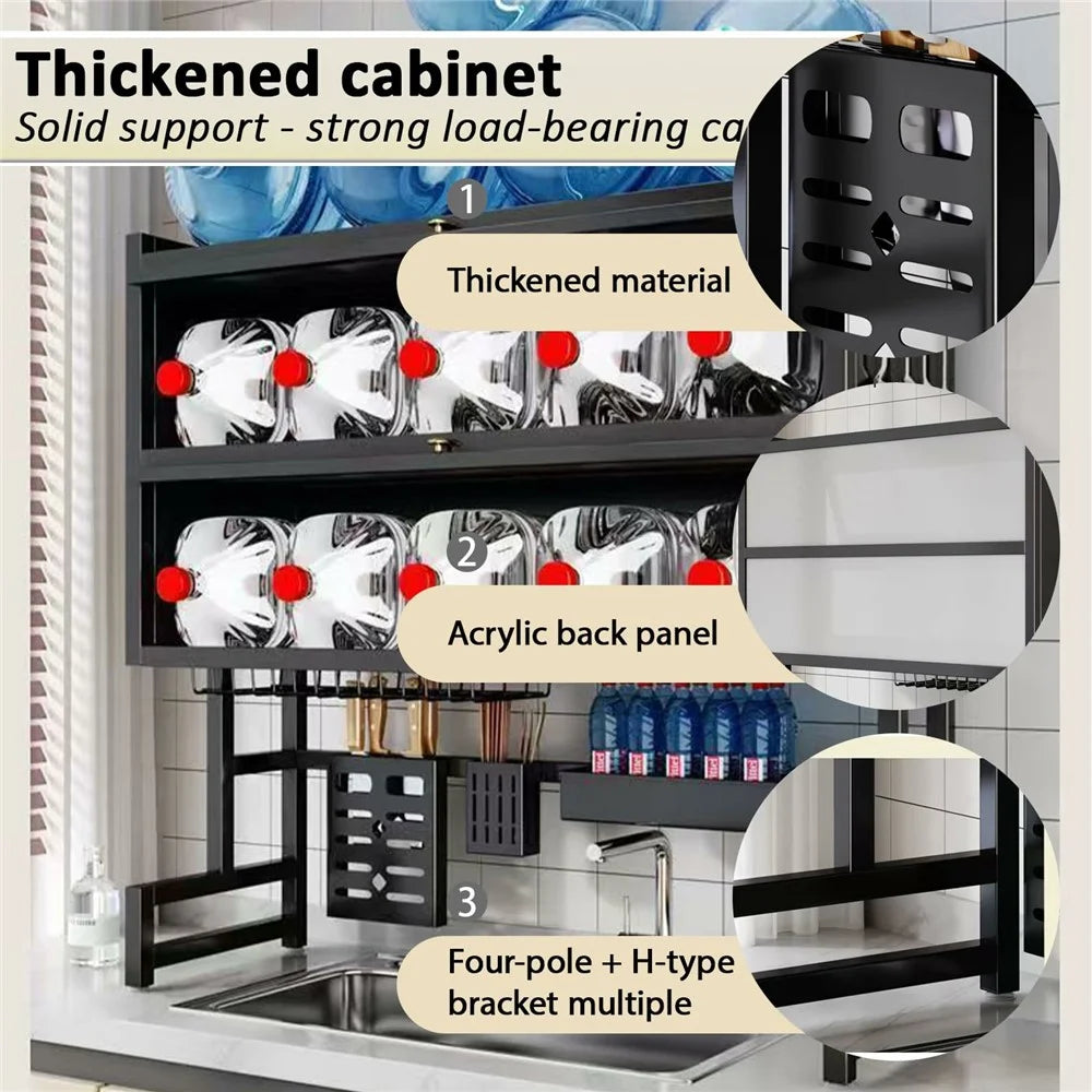 95CM Double Layer Over Sink Dish Drying Rack with Doors Kitchen Organizer Drainer Shelf - Black - 2