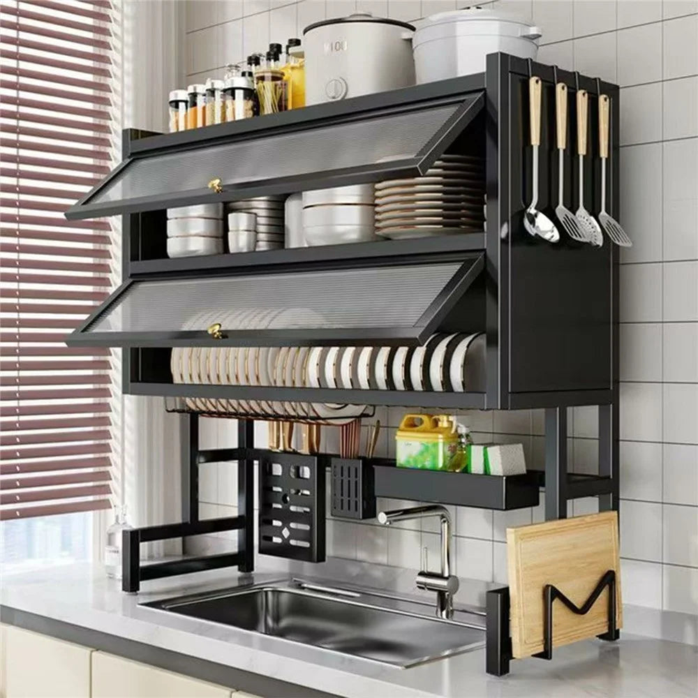 105CM Double Layer Over Sink Dish Drying Rack with Doors Kitchen Organizer Drainer Shelf - Black - 1